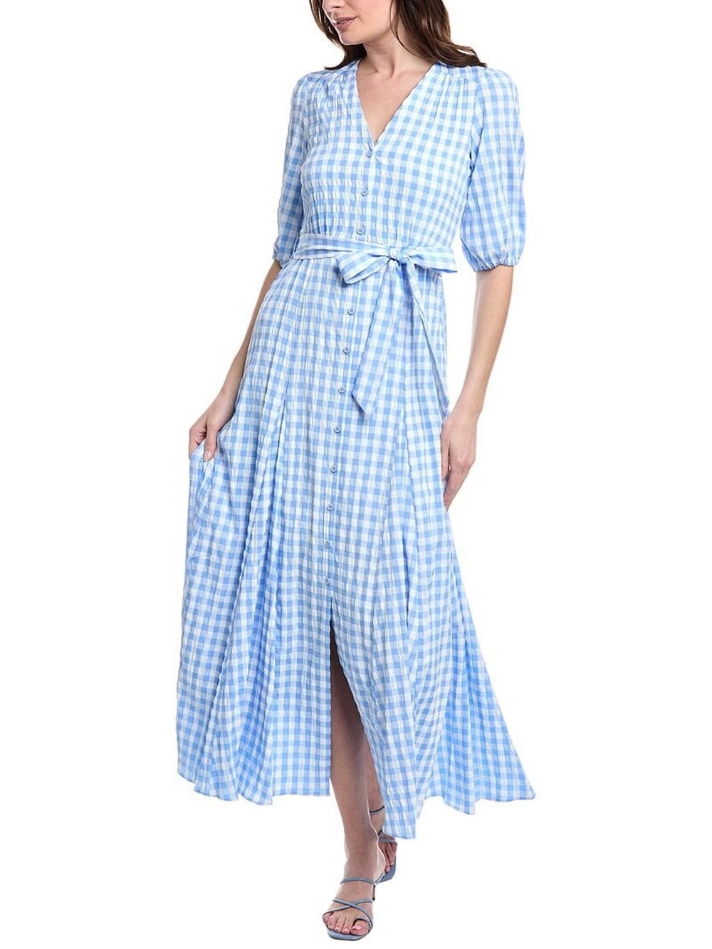 Taylor Blue and White Gingham Maxi Dress with Tie Waist